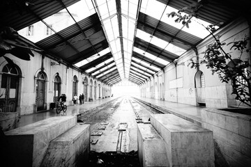 Black and white photograph of deactivated train station in the city of Barreiro-Portugal.