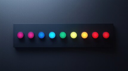 Colorful buttons arranged in a straight line on a dark surface with vibrant hues and even spacing