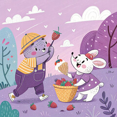 Happy animals harvesting strawberries in a purple field.