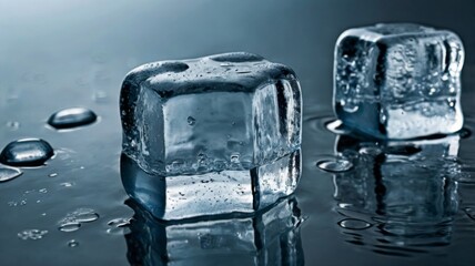 A set of ice cubes with semi-translucent surfaces, detailed air bubbles trapped within, and rounded edges softened by slight melting. The surface glistens with subtle reflections, capturing light from