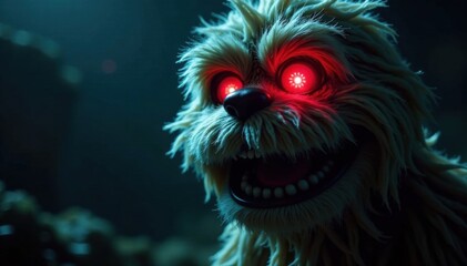 Closeup of Shaggy Monster's face with piercing red glow in dark environment, animals, monster face, closeup