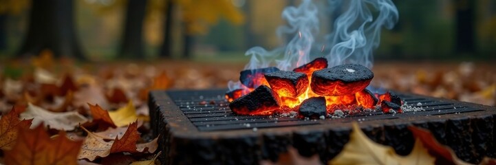 Coals smoldering on a wooden grill surrounded by autumn leaves, grill, coals, nature
