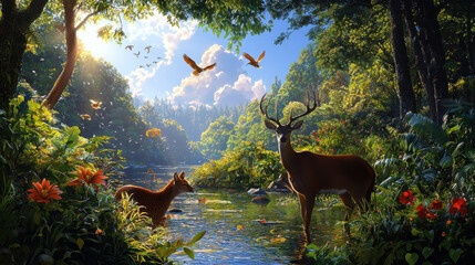 tranquil nature scene featuring diverse wildlife, including deer and birds, surrounded by lush greenery and serene water body
