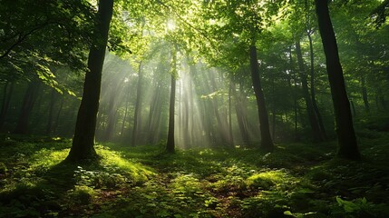 Obraz premium Sunlight Filtering Through Trees in Lush Green Forest Landscape