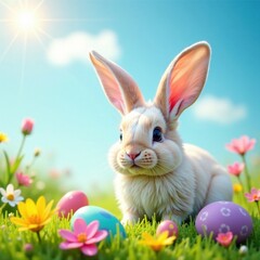 Colorful Easter bunny ears amidst floral meadow, meadow landscape, easter bunny ears, spring garden