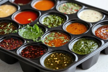Colorful Variety of Sauces and Condiments in Black Tray Arrangement