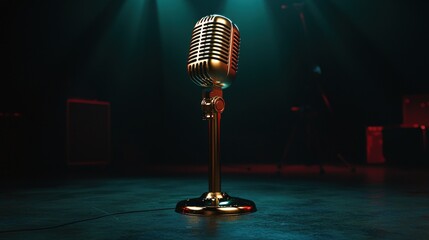 Retro microphone on stage with dramatic lighting.
