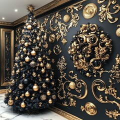 Black and gold Christmas tree against ornate wall.