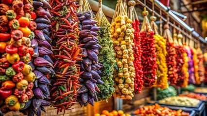 Dried Eggplants & Peppers Hanging at Ankara Bazaar - Turkish Street Market Produce