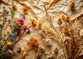 Dried Flowers on Crumpled Paper: Botanical Still Life Stock Photo
