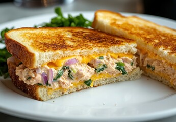 Delicious grilled sandwich with creamy chicken filling, fresh greens, and melted cheese served on a white plate in a close-up shot