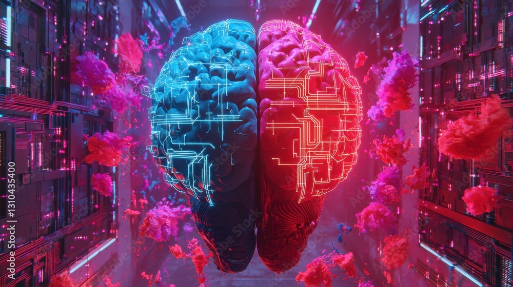 Poster digital representation of a brain showcasing technology and artificial intelligence in a vibrant, fu
