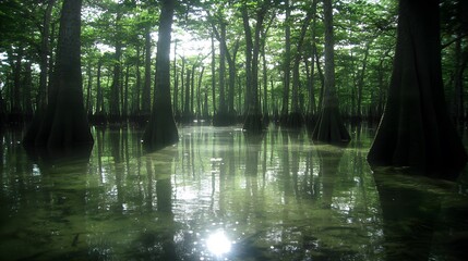 Obraz premium Serene Cypress Swamp, Still Water Reflections