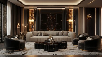 Luxury Modern Living Room Interior Design Elegant Dark Brown Beige Sofa Gold Accents Decor Chic Stylish Apartment Home Room Furniture High End Opulent