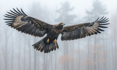 Majestic Eagle Soaring with Outstretched Wings Above a Misty Forest Landscape