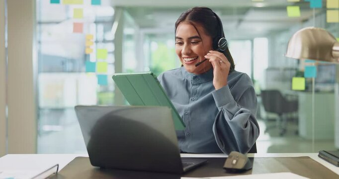 Laptop, woman and receptionist with tablet in office with online enquiry for client booking. Computer, headset and female virtual assistant with call for appointment scheduling with company.
