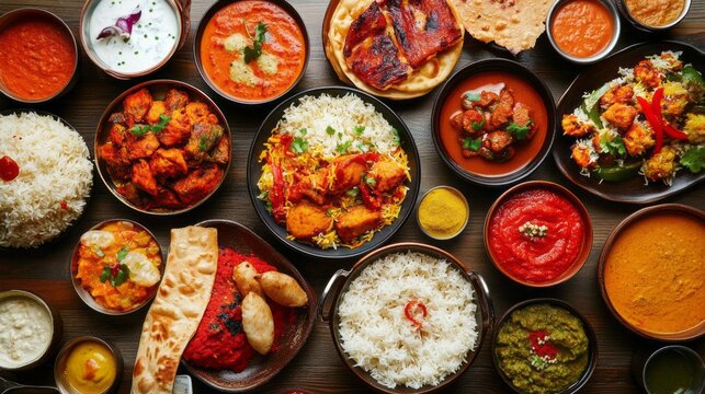 An elaborate selection of Indian dishes beautifully arranged on a wooden table, featuring a rich array of colors and textures, perfect for an inviting meal experience