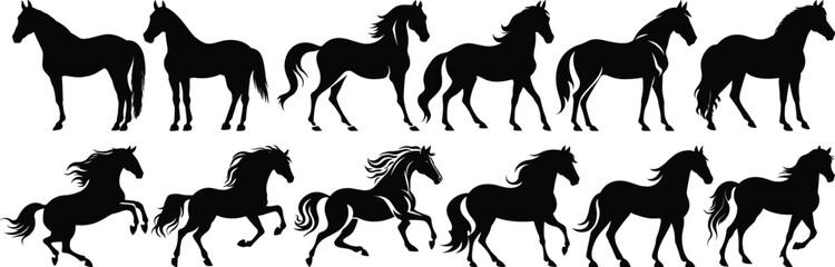 Horse silhouettes set, stallion pack of vector silhouette design, isolated background