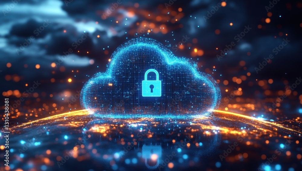 Poster digital cloud security concept with lock symbol in a futuristic setting representing data protection