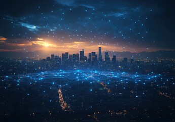 Digital Network Connection Over Urban Skyline at Sunset with City Lights and Cloudy Sky Enhancing Futuristic Technology Concept