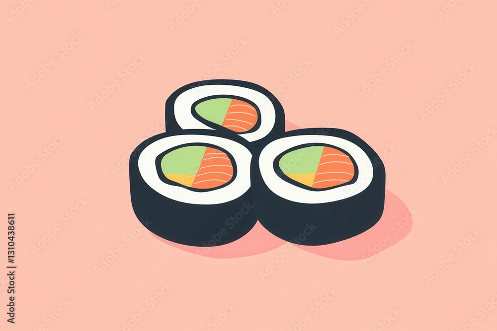 Poster flat sushi roll icon showcases japanese culinary elegance with a clean minimal style in soft pastel 