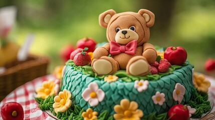 Adorable Teddy Bear Fondant Cake Picnic Theme Sweet Treat Birthday Party Delightful Decoration Delicious Pastry Artistic Design Whimsical Cute red fun