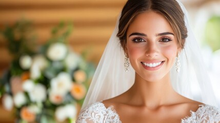 Joyful bride in elegant wedding dress smiling with a beautiful bouquet nearby