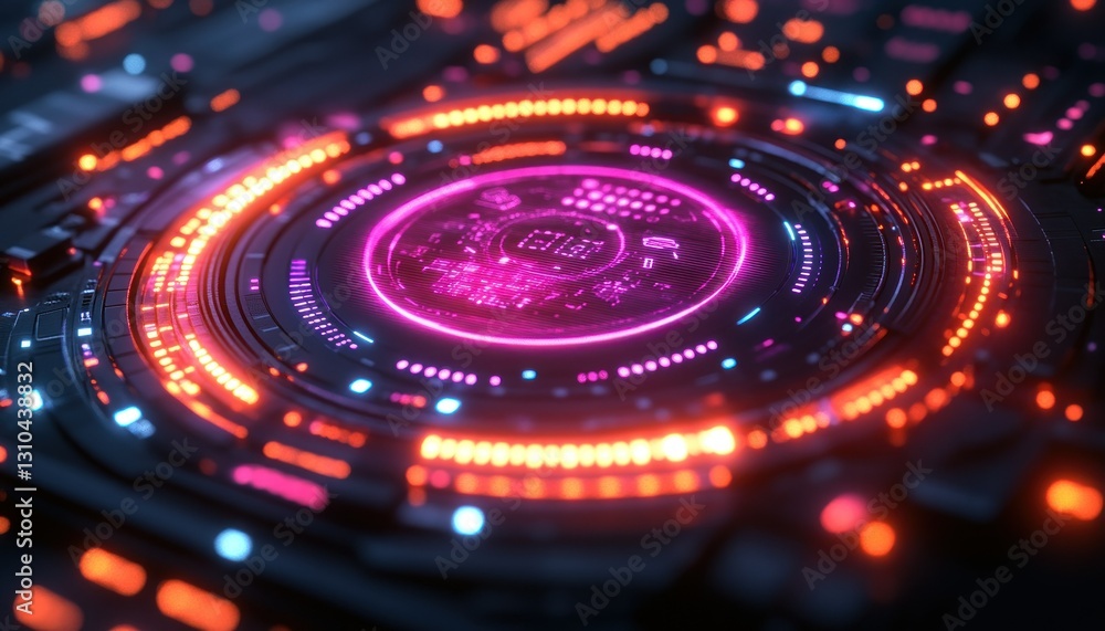 Poster futuristic digital interface with vibrant neon lights and intricate circuit patterns
