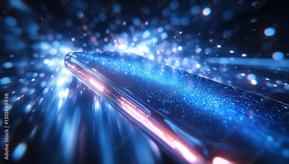 Poster dynamic light trail effect on smartphone display with sparkling particles and glowing aura in abstra