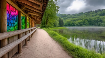 Serene Lakeside Path with Colorful Stained Glass Windows