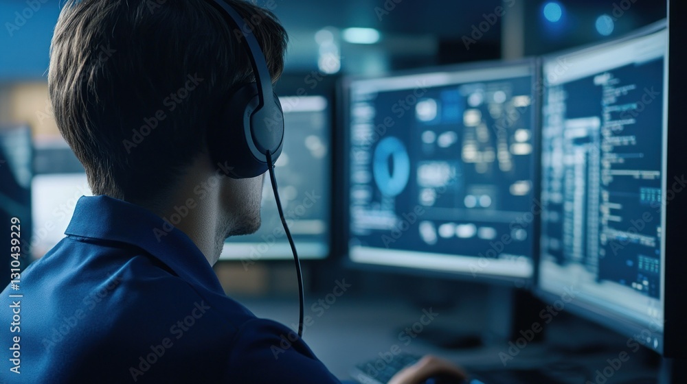 Poster focused male operator in headset working with multiple computer screens in modern office