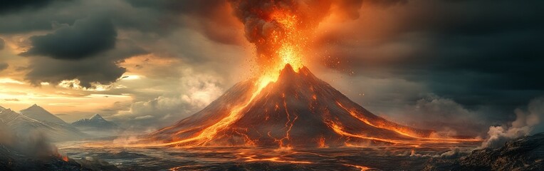 Fototapeta premium Erupting Volcano with Lava Flowing and Smoke