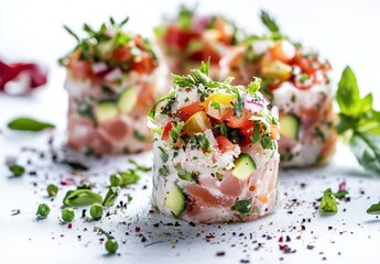 Fresh and Colorful Ceviche with Diced Vegetables and Herbs in Elegant Presentation for Culinary Imagery