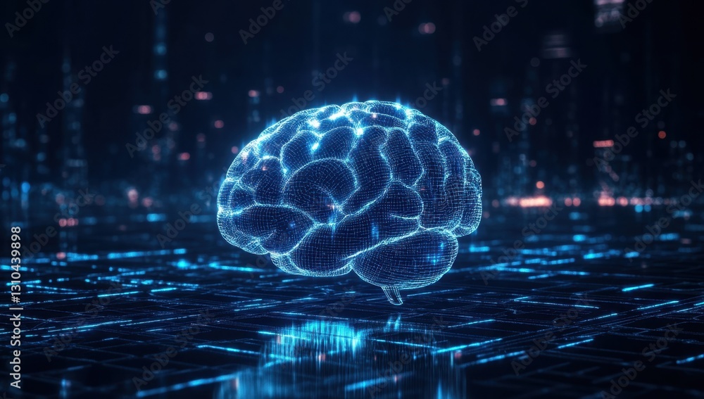 Poster futuristic digital brain floating on a dark blue background with holographic elements, symbolizing a