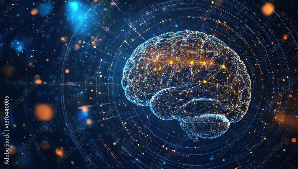 Poster futuristic digital brain hologram floating on a dark blue background with futuristic circles and lin