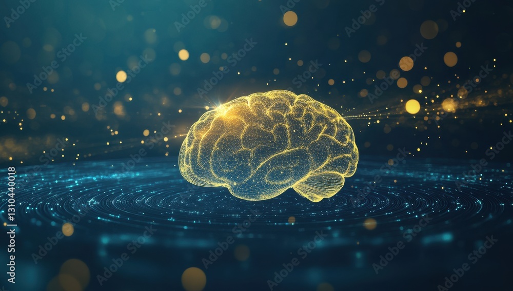 Poster futuristic digital brain hologram floating on a dark blue background with futuristic circles and lin