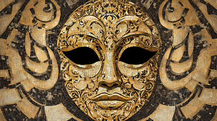 Mosaic tile backsplash with beige background and ornate golden patterns, geometric, architecture, decor. Ornate - Mask. Illustration