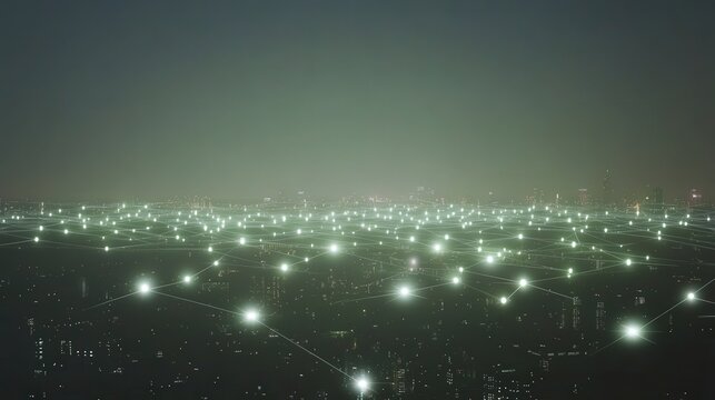 Nighttime city grid with glowing network pattern overlay.