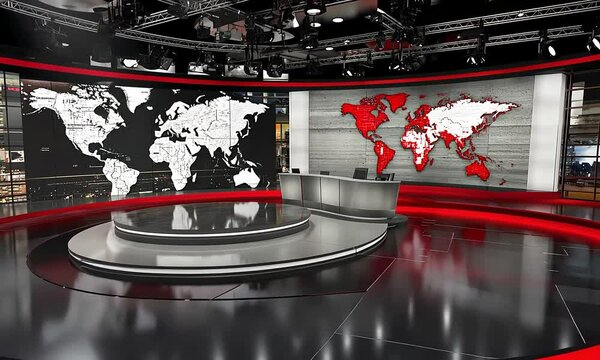 Modern news studio with world maps