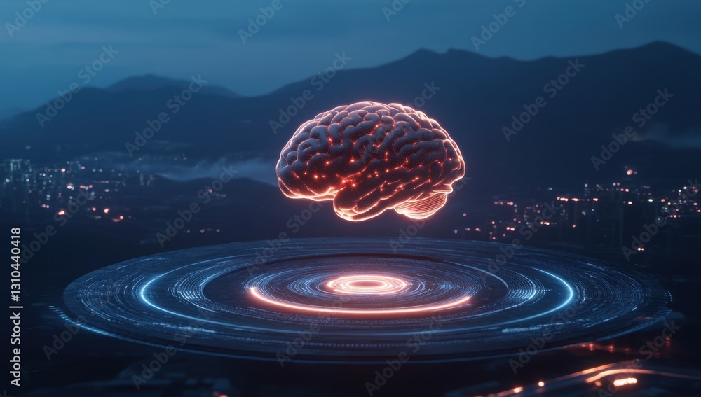 Poster a glowing brain floating on digital circles, representing the concept of artificial intelligence and