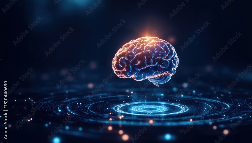 Poster a glowing brain floating above digital holographic circles on a dark blue background, a technology c