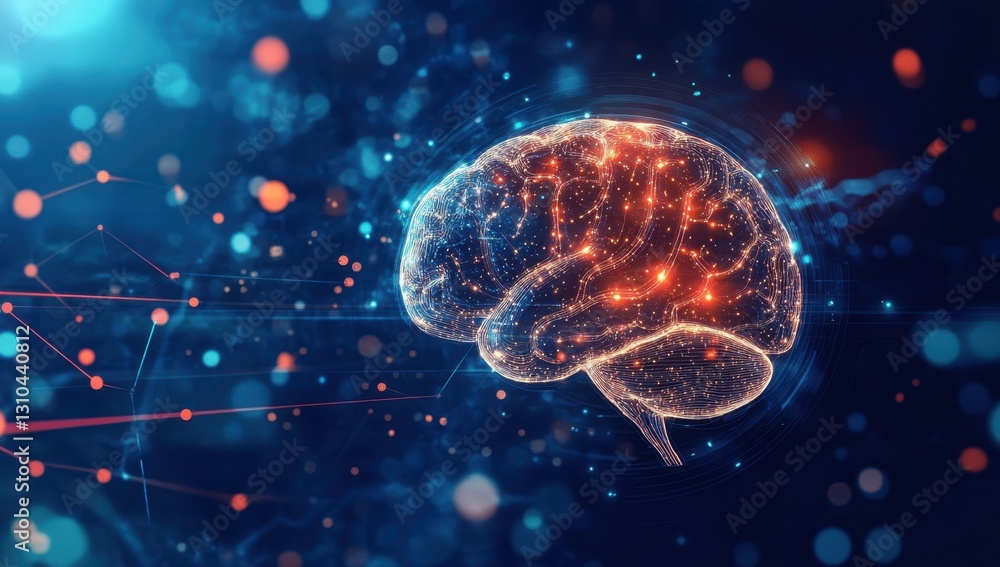 Poster a glowing brain floating above futuristic holographic elements on a dark blue background, symbolizin