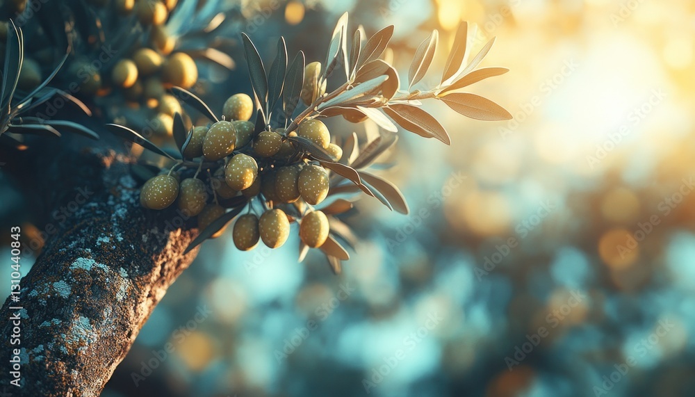 Poster sunlit olive tree branch with ripe olives and soft focus background in nature setting