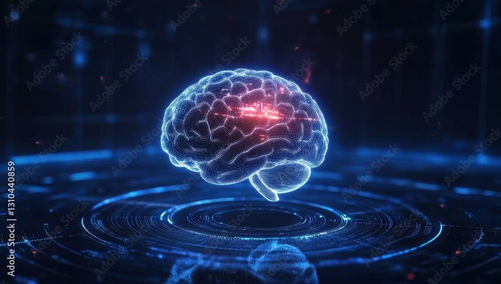Poster a glowing brain floating on a dark blue background with futuristic circles and lines, symbolizing ar