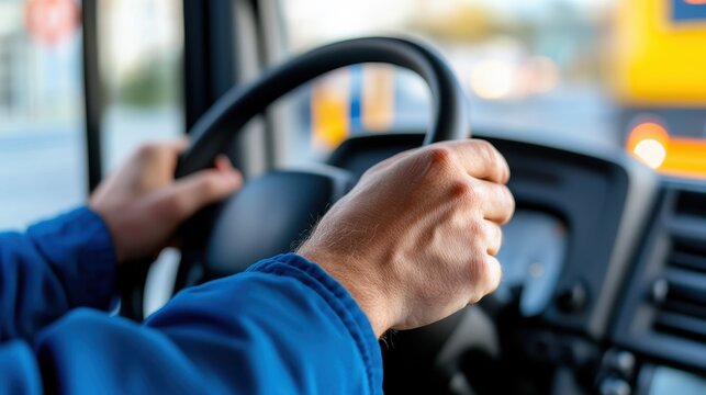 Focused hands firmly grip the steering wheel of a modern bus