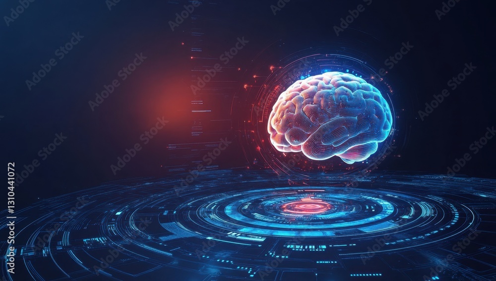Aufkleber a glowing brain floating above futuristic circular holographic elements on a dark blue background, a