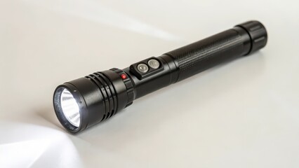 Black Tactical Flashlight on White Background