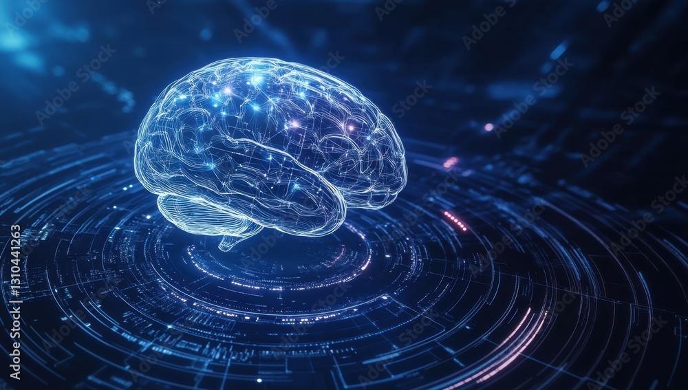Poster a glowing brain floating above futuristic circular patterns on a dark blue background, representing 
