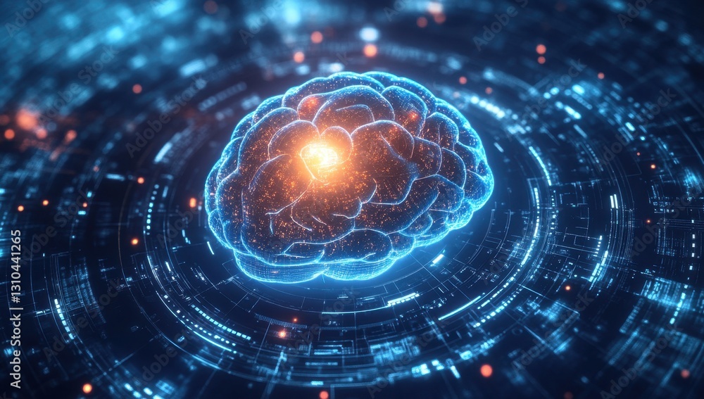 Poster a glowing brain floating above futuristic circular patterns on a dark blue background, representing 