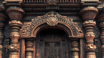 Traditional indian temple model with intricate wood carvings and ornate details. Ornate - Mask. Illustration
